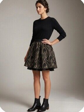 Milly Black Metallic Gold Motif Glitter Skater Skirt